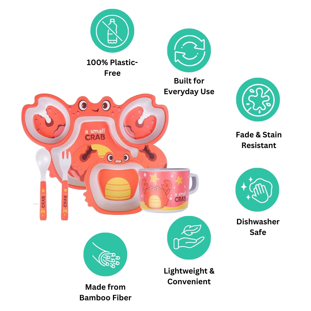 Orange Ocean Crab Bamboo Kids Dinner /Feeding Set of 5