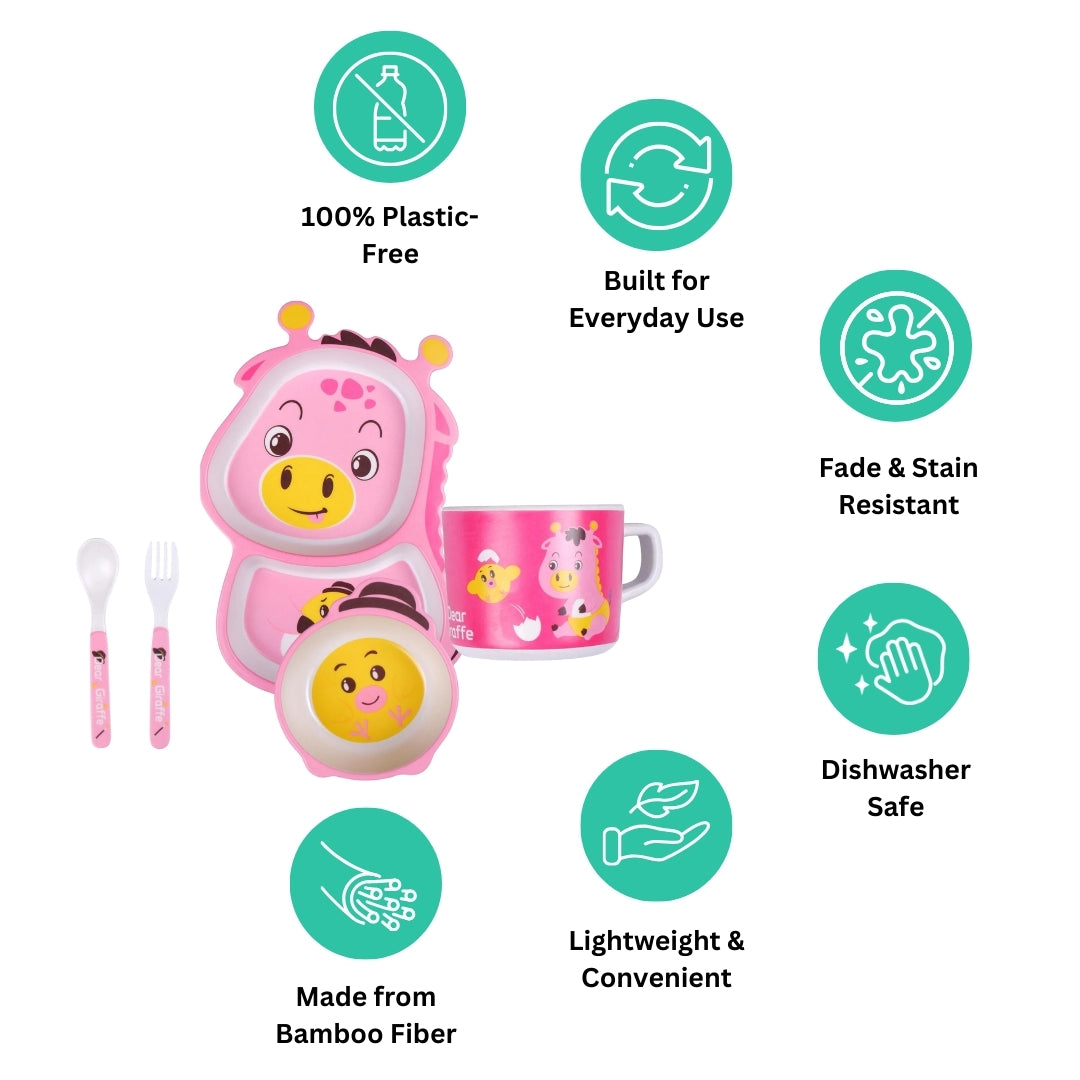 Pinky Giraffe Bamboo Kids Dinner /Feeding Set of 5