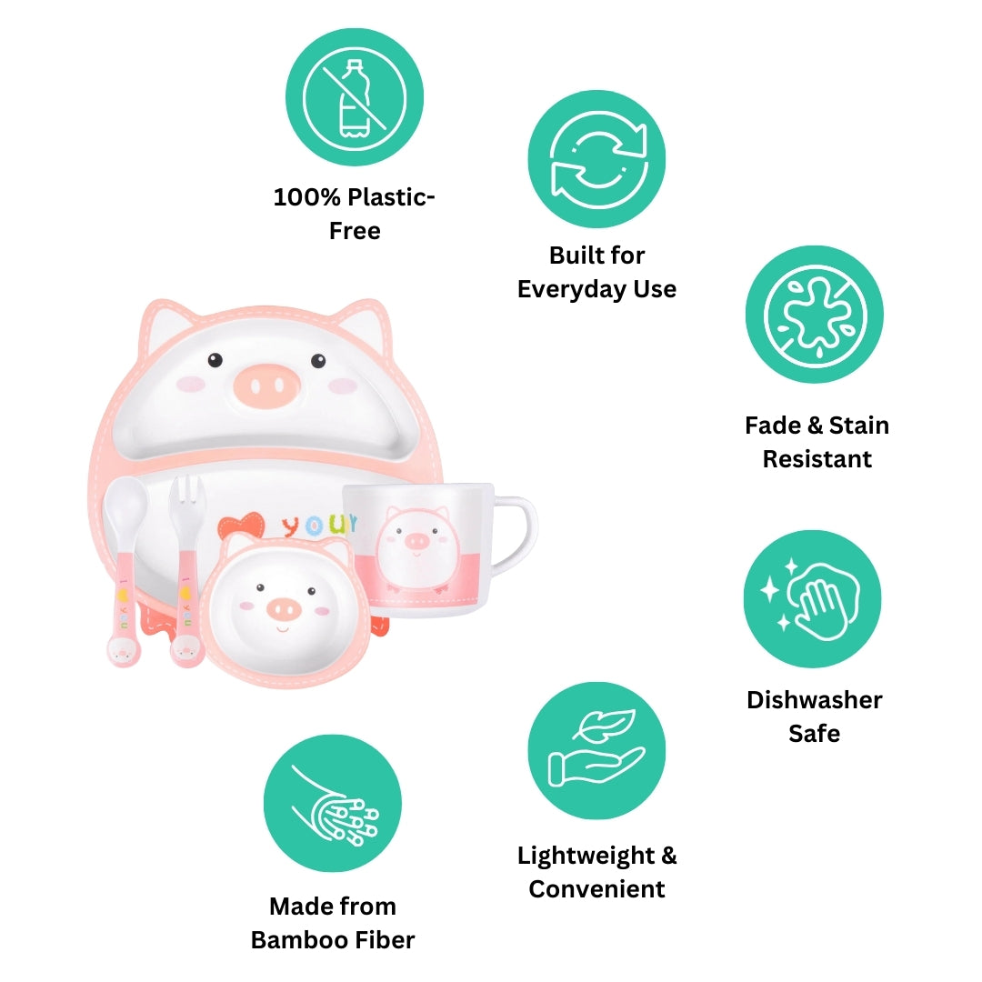 Plumpy Pig Bamboo Kids Dinner /Feeding Set of 5