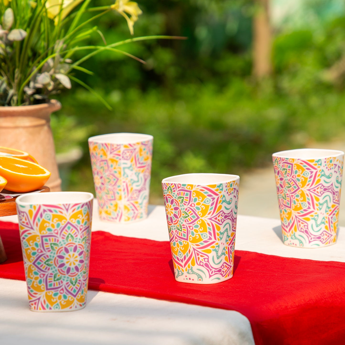 Sunrise Mandala Bamboo Water & Juice Glasses- Set of 4