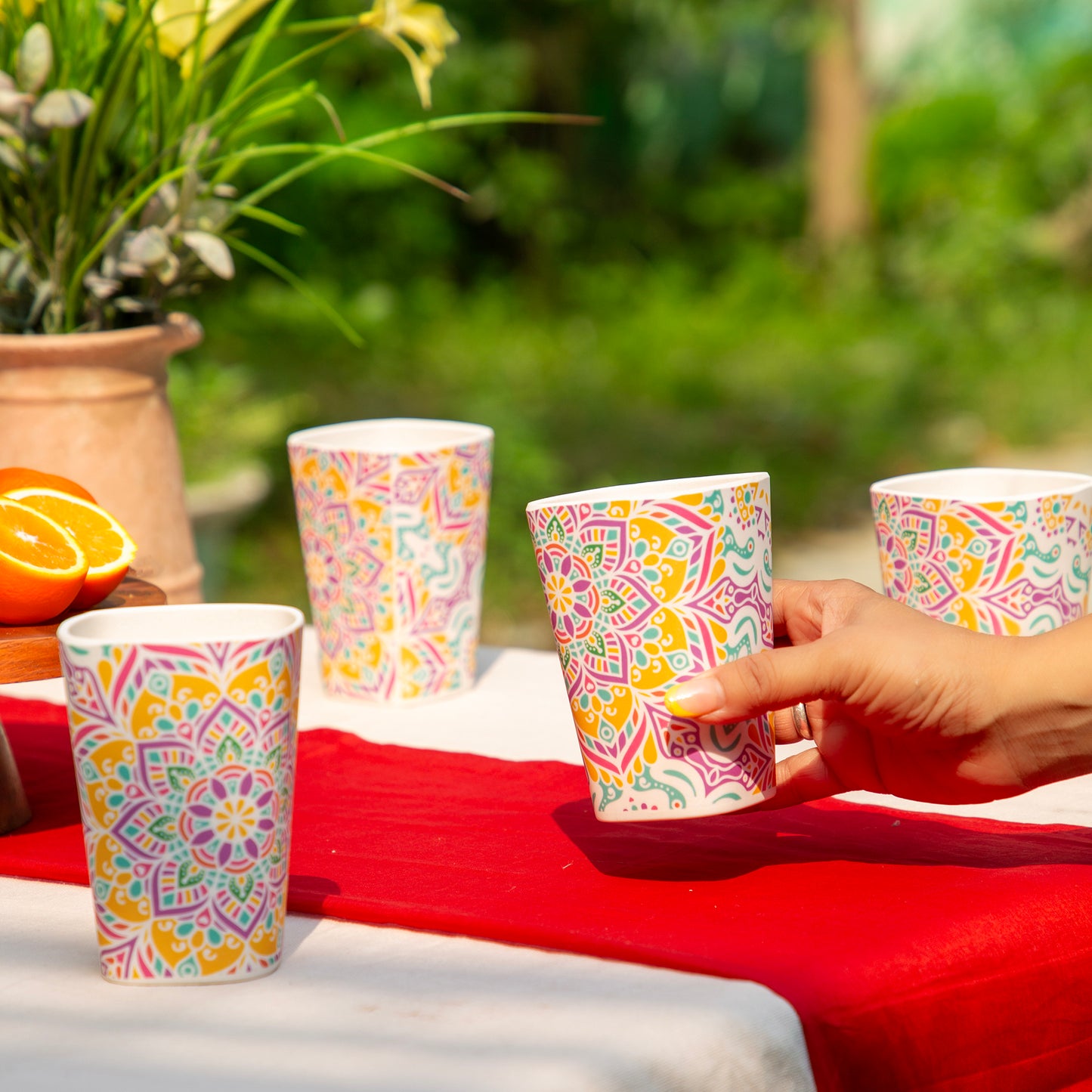 Sunrise Mandala Bamboo Water & Juice Glasses- Set of 4
