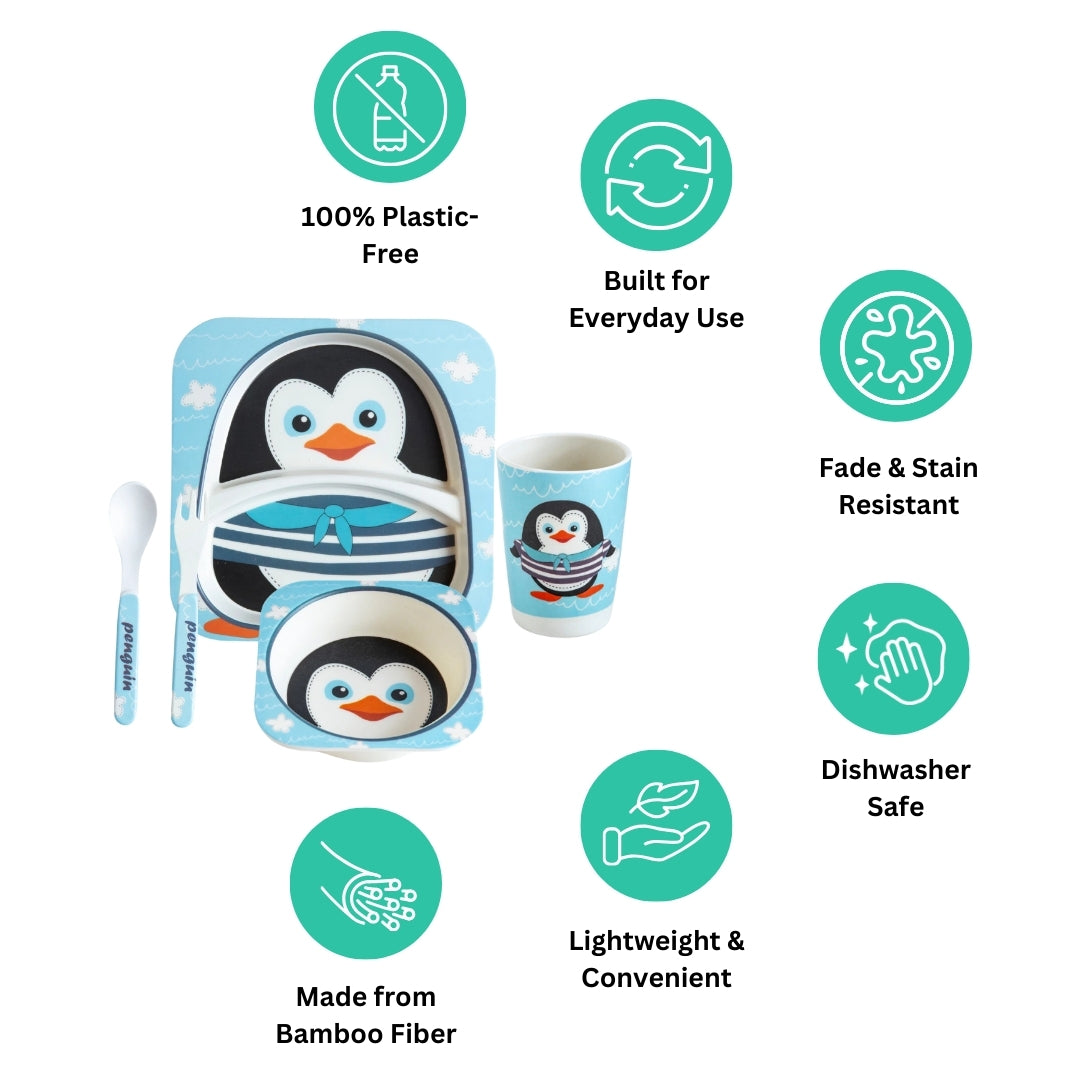 Plucky Penguin Bamboo Kids Dinner /Feeding Set of 5