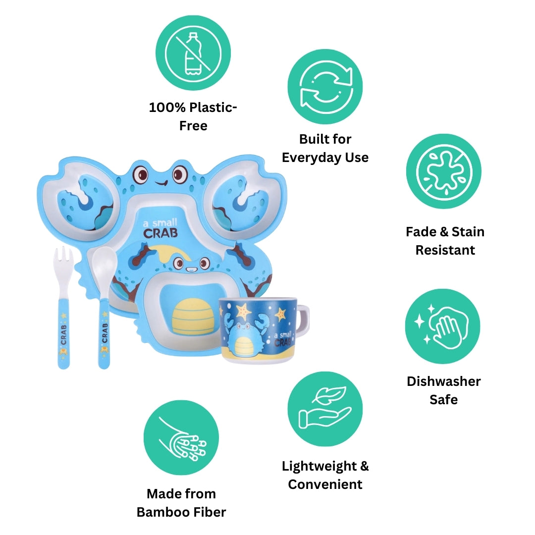 Blue Water Crab Bamboo Kids Dinner /Feeding Set of 5