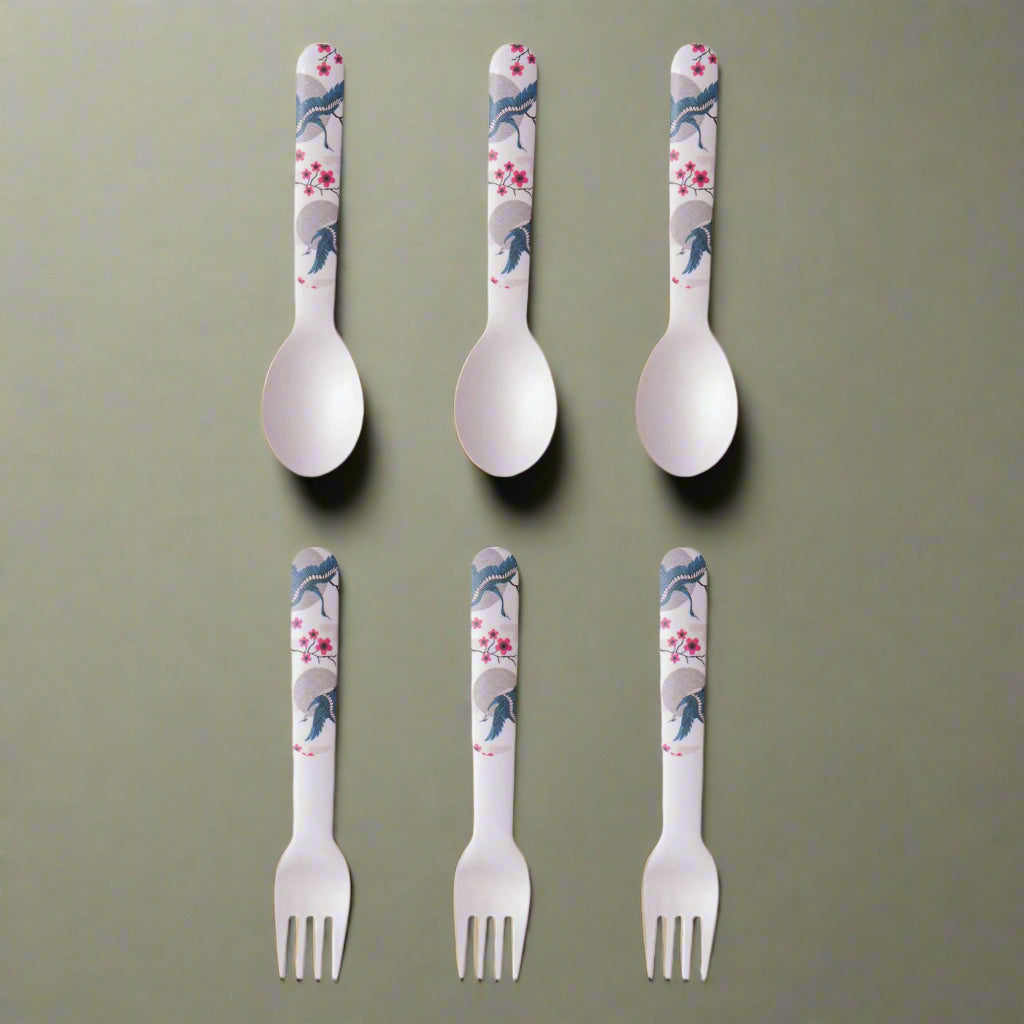 Blue Bird Blossom Table Bamboo Spoon and Fork- Set of 6