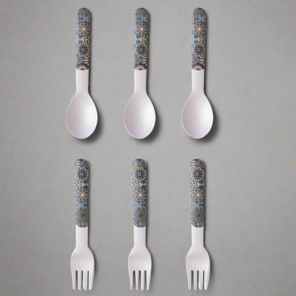 Mystic Blue Mandala Table Bamboo Spoon and Fork- Set of 6