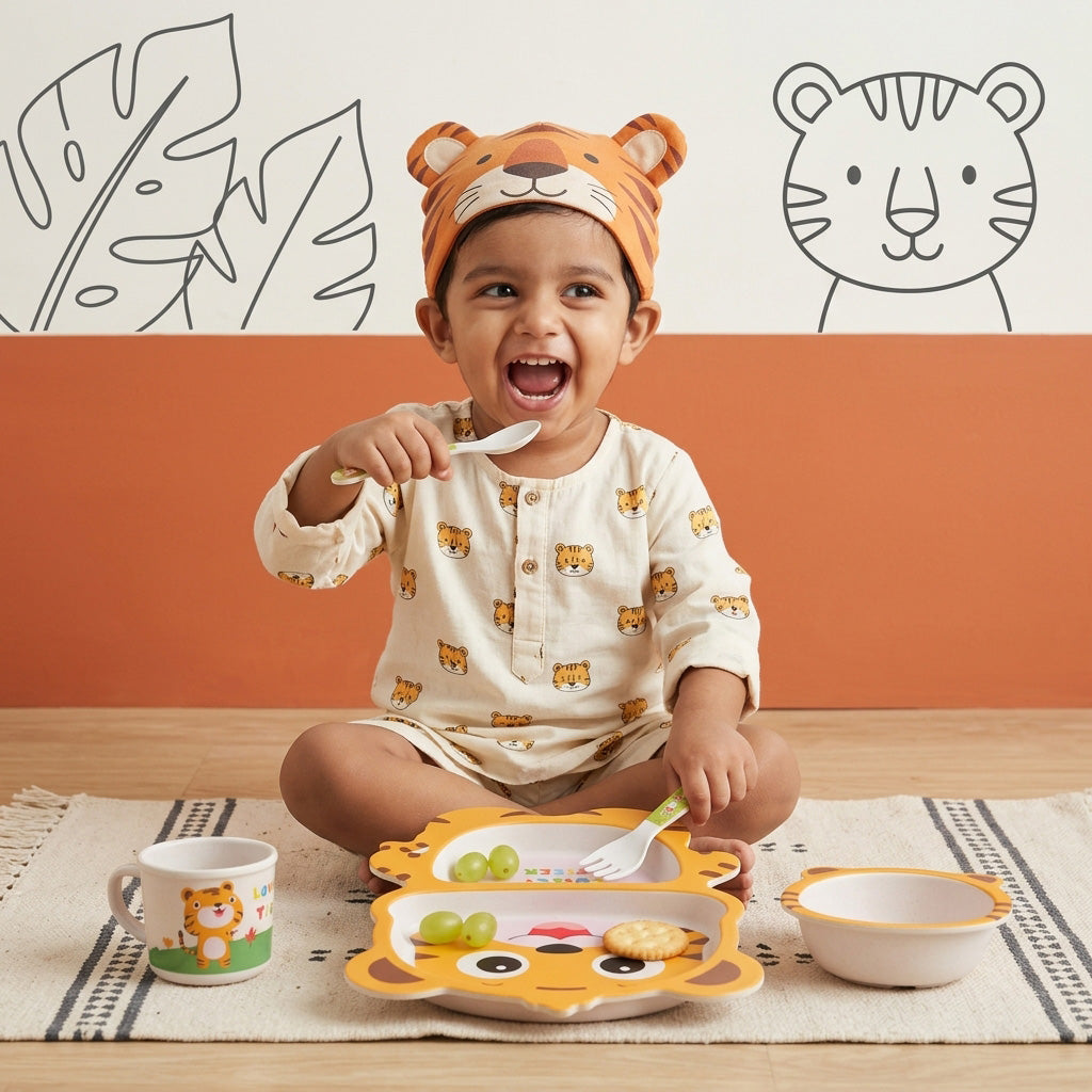 Tiggly Tiger Bamboo Kids Dinner /Feeding Set of 5