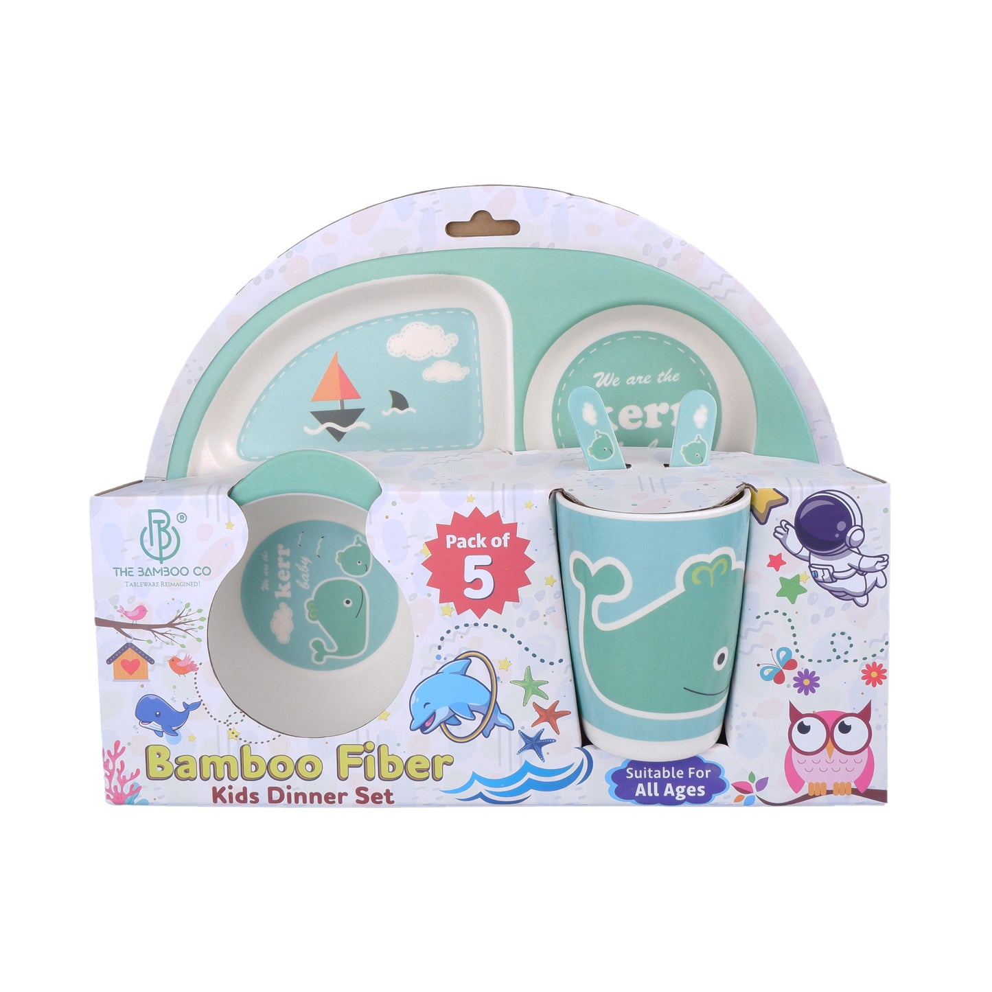 Wally- "The Green Whale" Bamboo Kids Dinner /Feeding Set of 5