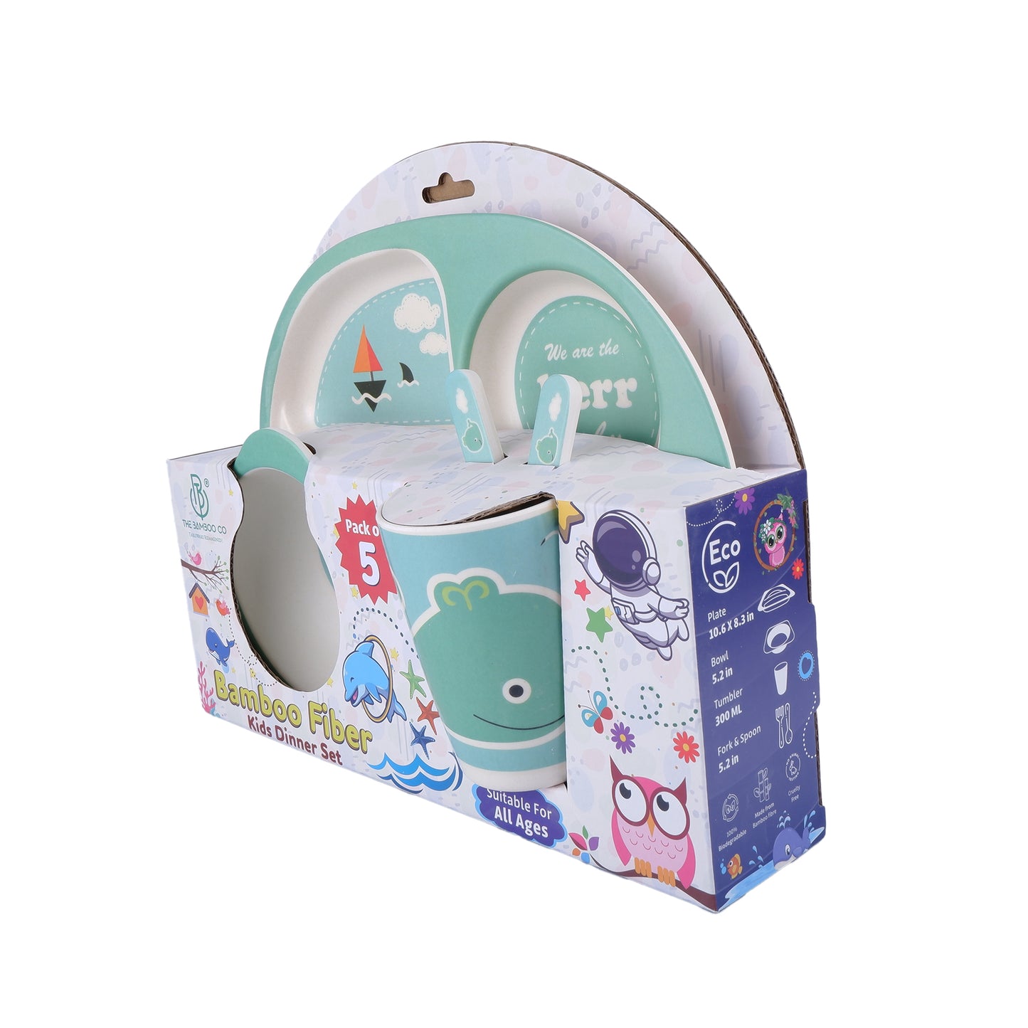 Wally- "The Green Whale" Bamboo Kids Dinner /Feeding Set of 5