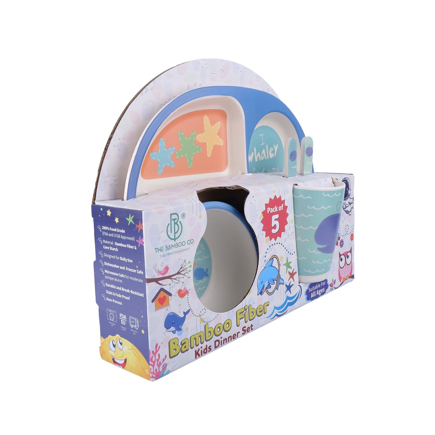 Wobbly Whale Bamboo Kids Dinner /Feeding Set of 5