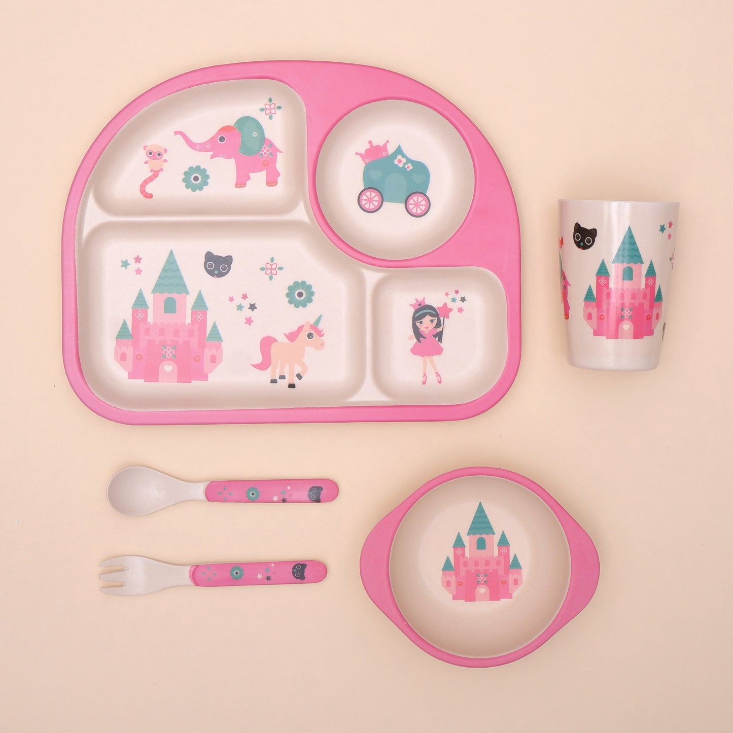 Pinky Princess' Castle Bamboo Kids Dinner /Feeding Set of 5