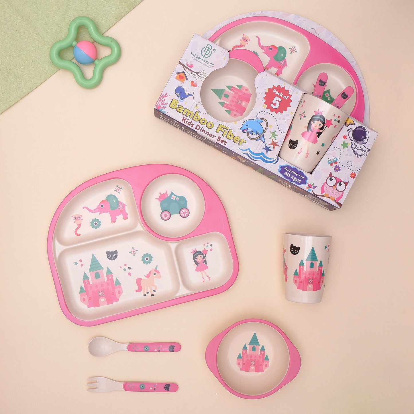Pinky Princess' Castle Bamboo Kids Dinner /Feeding Set of 5