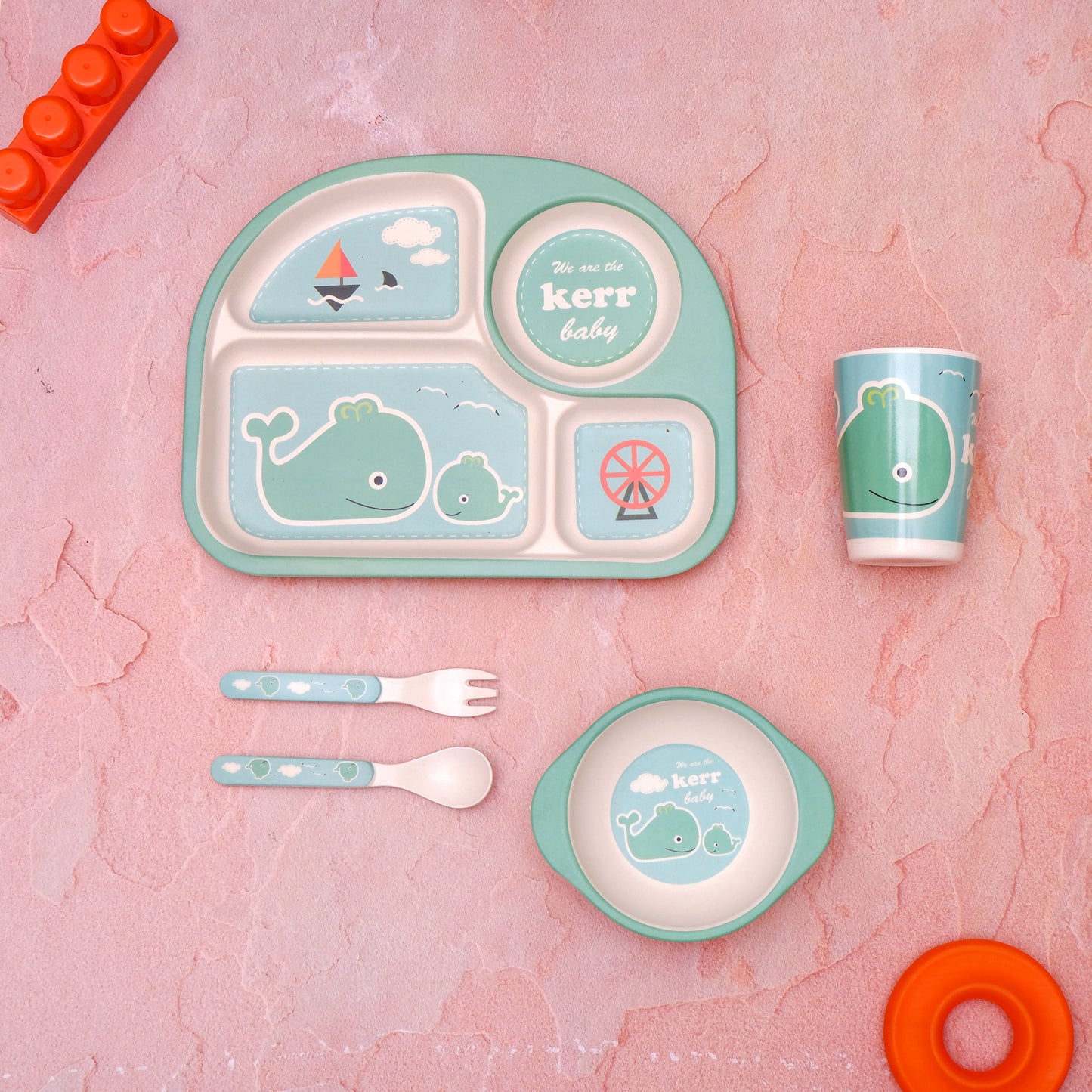 Wally- "The Green Whale" Bamboo Kids Dinner /Feeding Set of 5