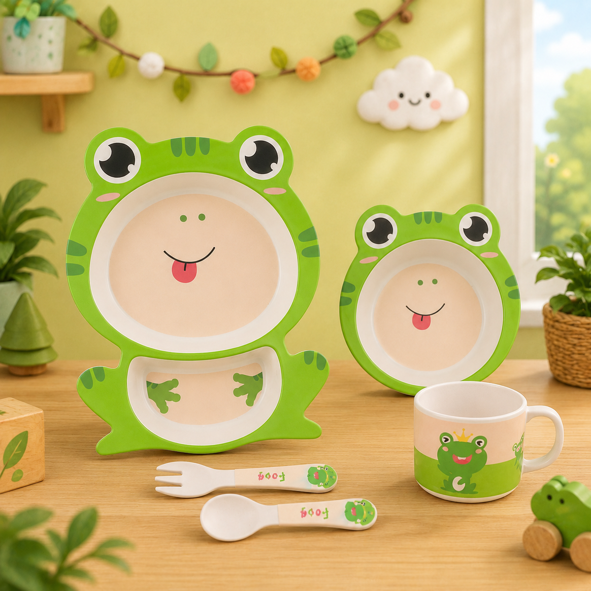 Funny Frog Bamboo Kids Dinner /Feeding Set of 5