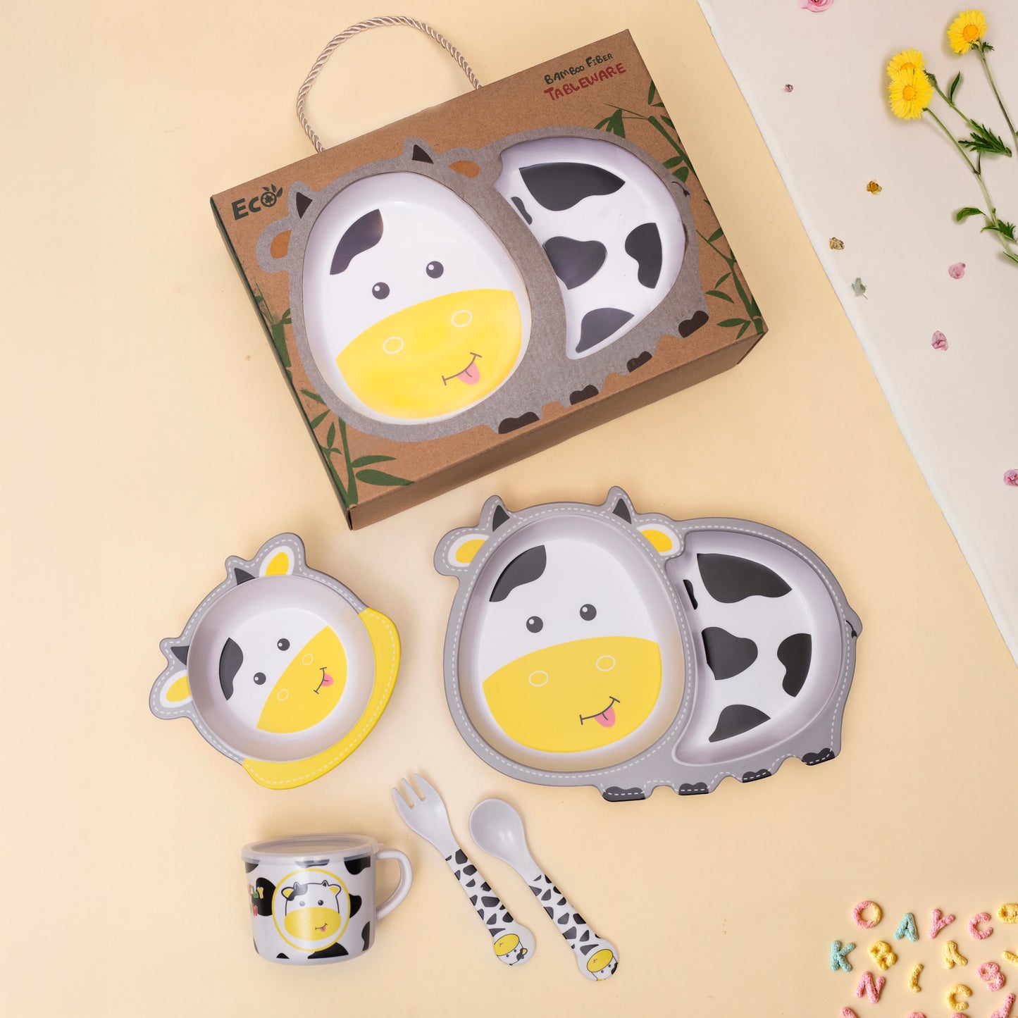 Chubby Cow Bamboo Kids Dinner /Feeding Set of 5