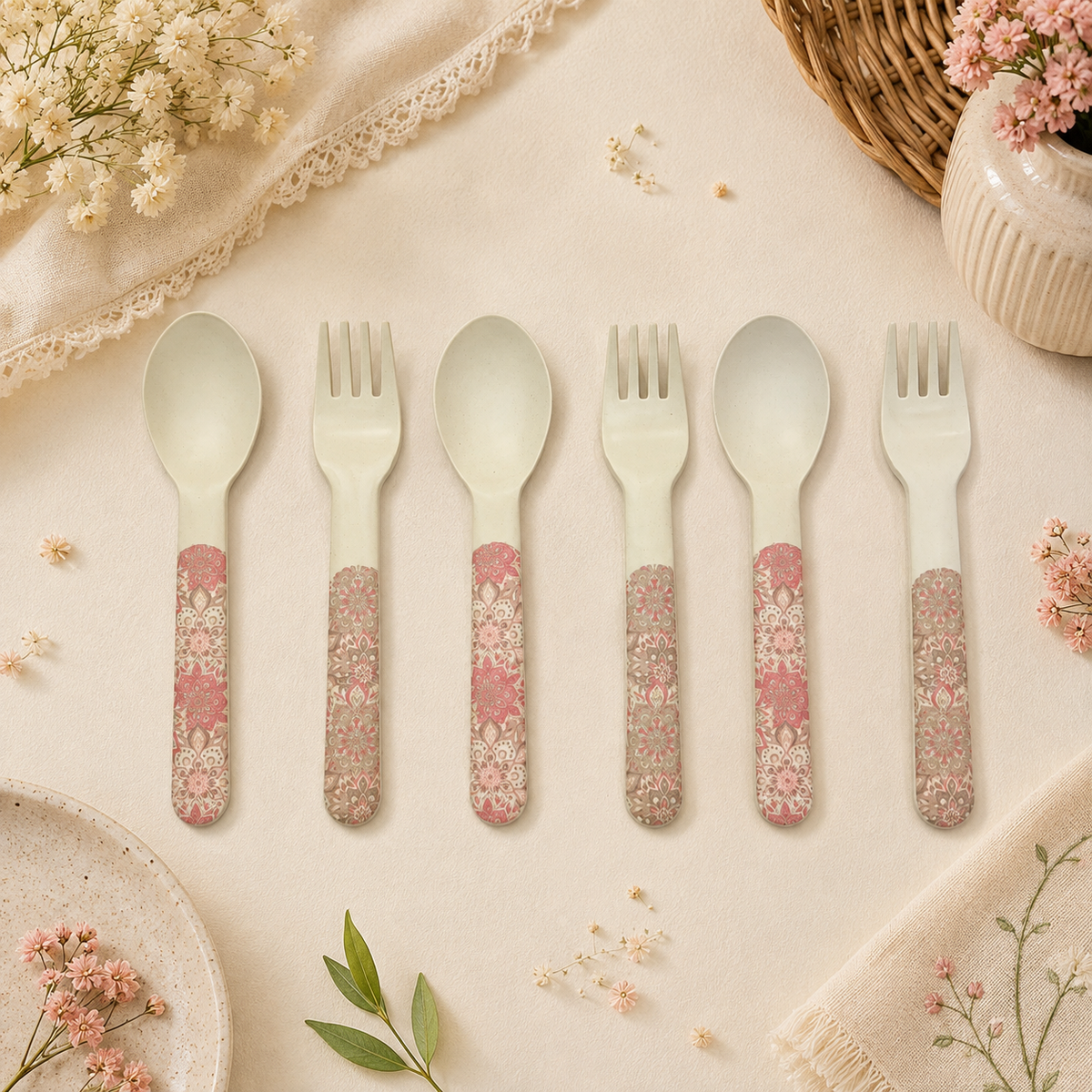 Pink Serenity Kids Bamboo Spoon and Fork- Set of 6