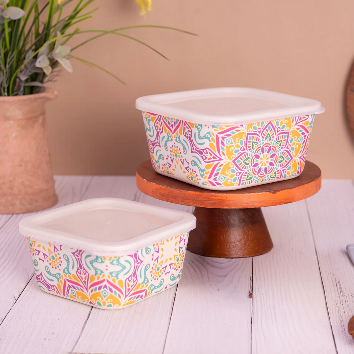 Sunrise Mandala Storage Air-Tight Bamboo Canisters- Set of 2