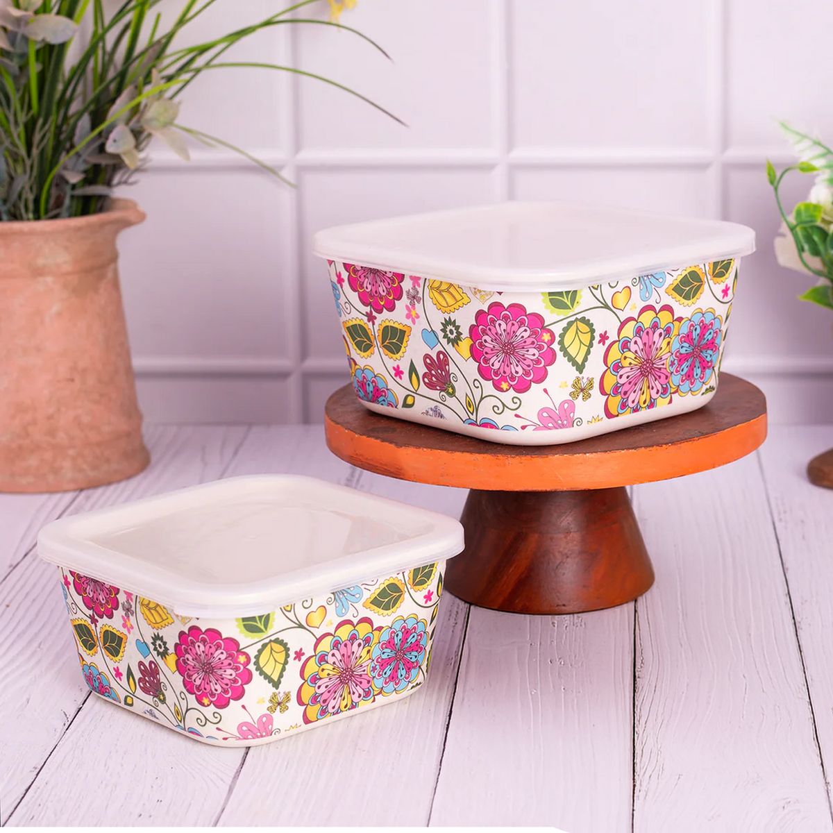 Pink Floral Storage Air-Tight Bamboo Canisters- Set of 2
