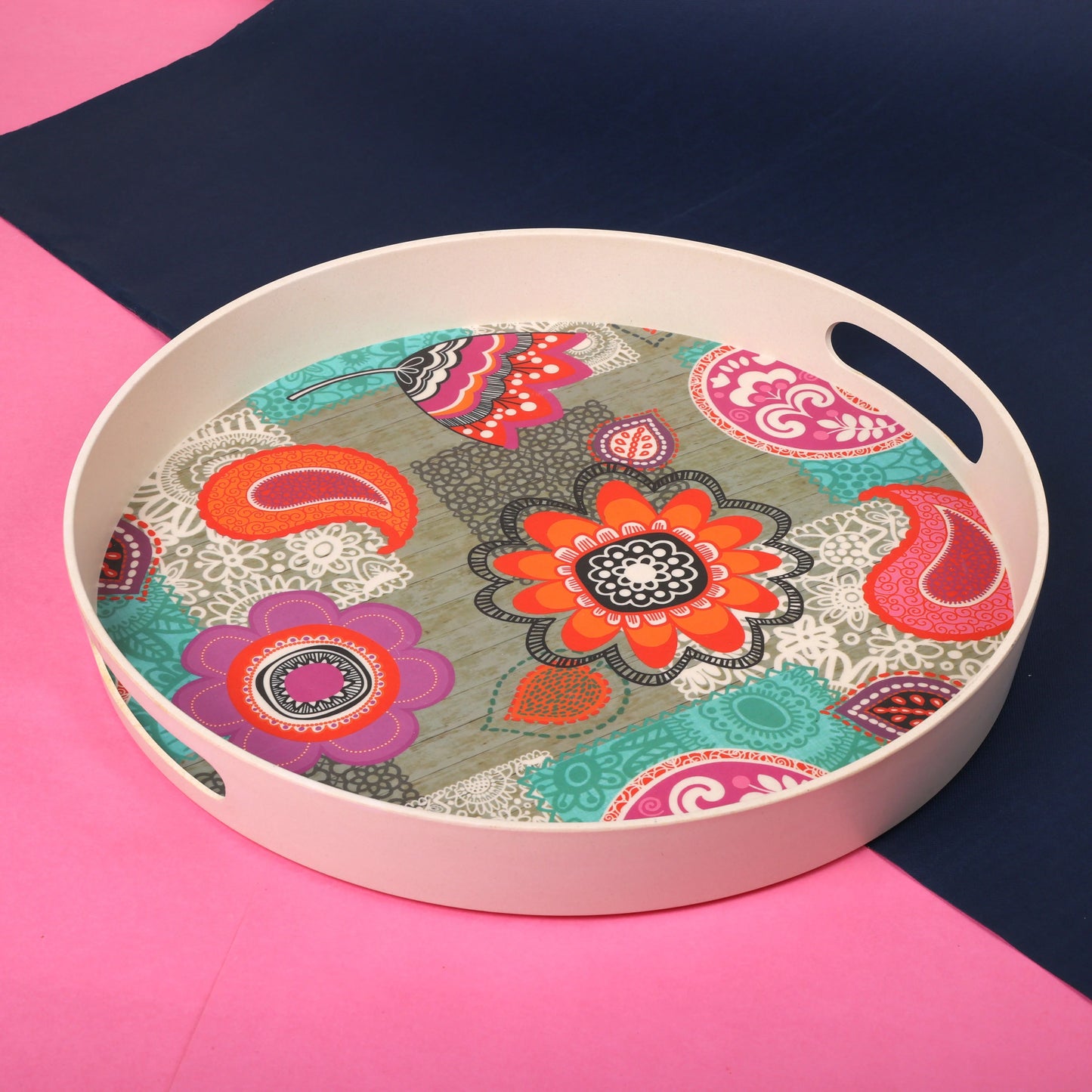 Multicoloured Flower Serving and Decoration Bamboo Tray