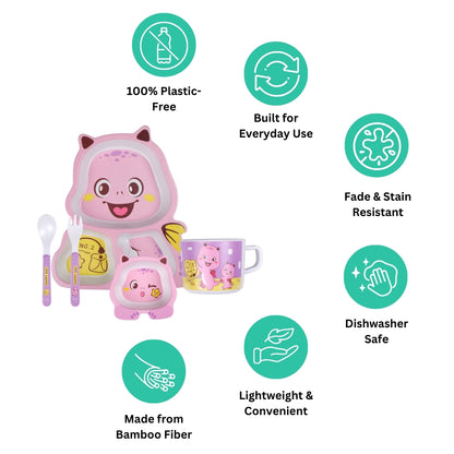 Pink Pterosaur Bamboo Kids Dinner /Feeding Set of 5