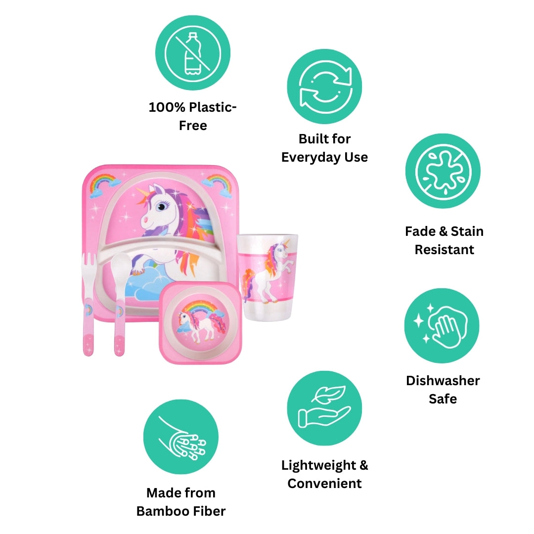 Pink Unicorn Paradise Bamboo Kids Dinner /Feeding Set of 5