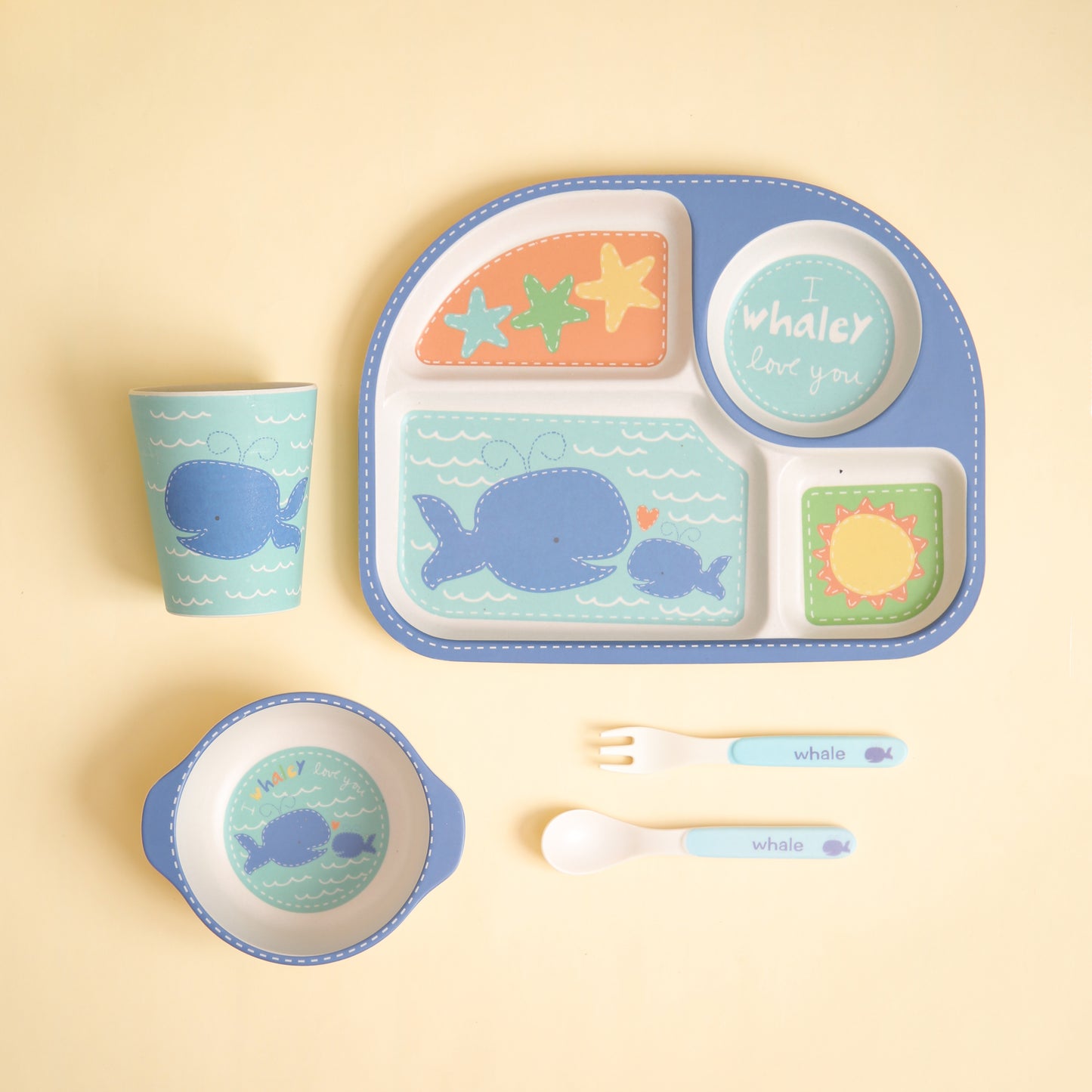 Wobbly Whale Bamboo Kids Dinner /Feeding Set of 5