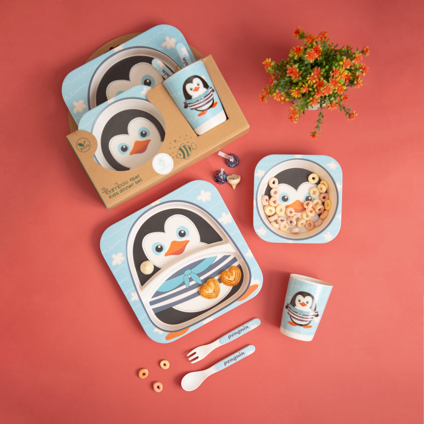 Plucky Penguin Bamboo Kids Dinner /Feeding Set of 5