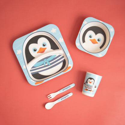 Plucky Penguin Bamboo Kids Dinner /Feeding Set of 5