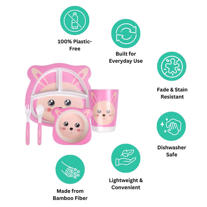Pink Pussy Cat Bamboo Kids Dinner /Feeding Set of 5