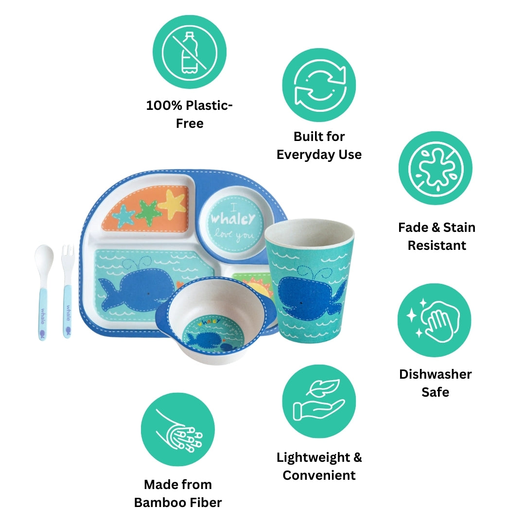 Wobbly Whale Bamboo Kids Dinner /Feeding Set of 5