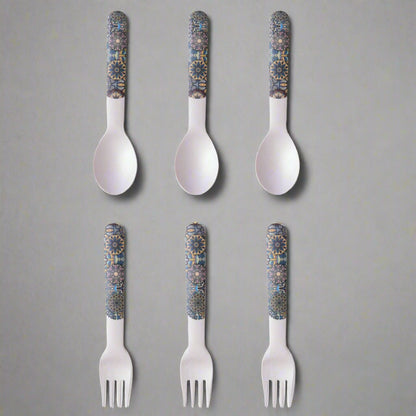 Mystic Blue Mandala Table Bamboo Spoon and Fork- Set of 6