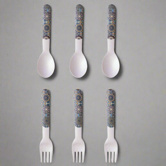 Mystic Blue Mandala Table Bamboo Spoon and Fork- Set of 6