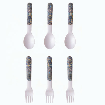 Mystic Blue Mandala Table Bamboo Spoon and Fork- Set of 6