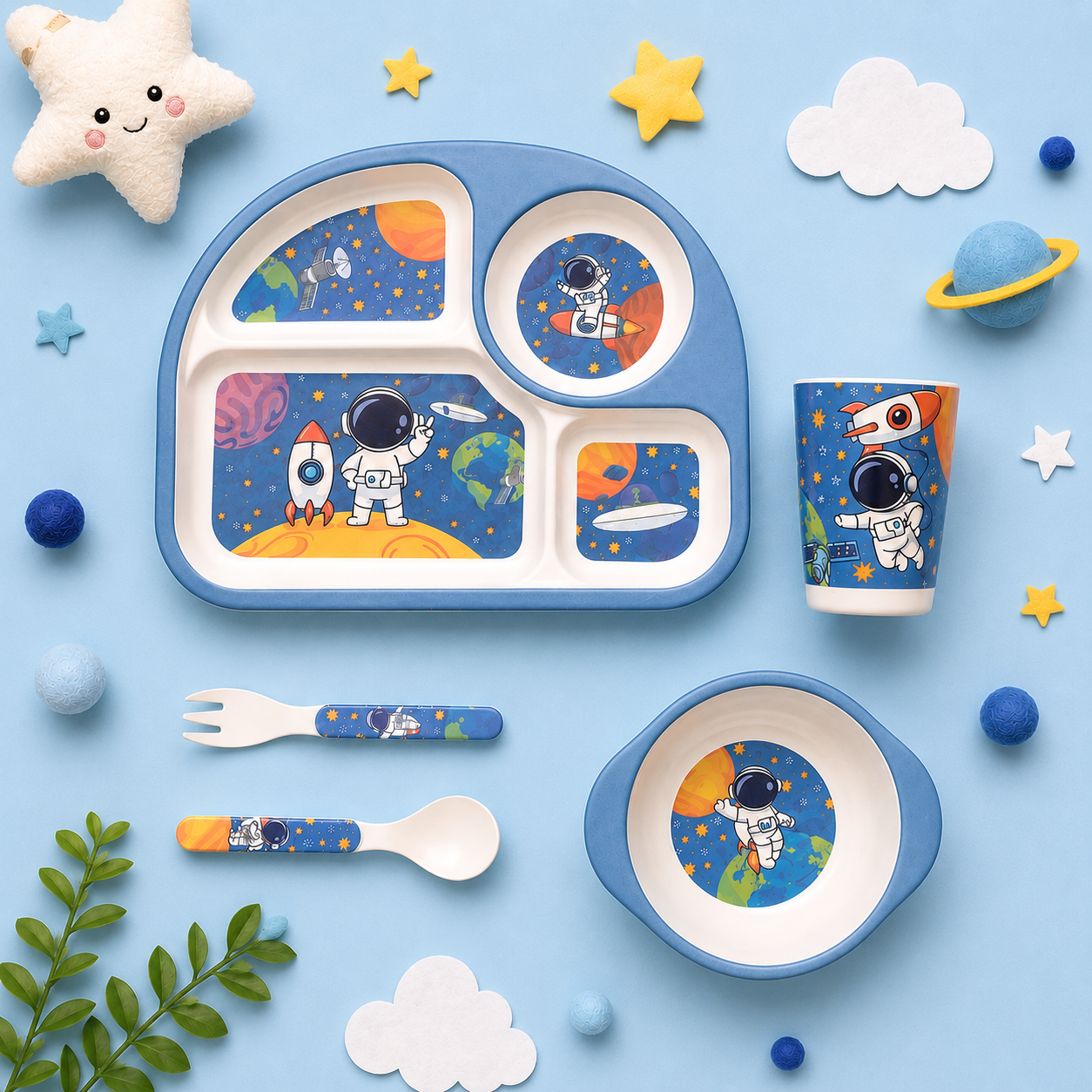 Little Astronaut in Space Bamboo Kids Dinner /Feeding Set of 5