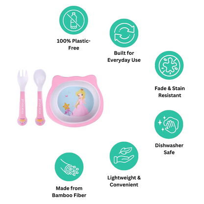 Pretty Princess Bamboo Bowl with Spoon and Fork -Set of 3