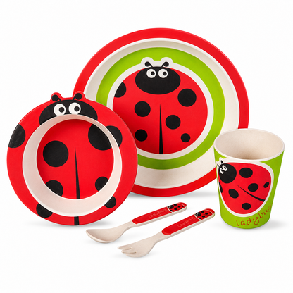 Lucky Ladybug Bamboo Kids Dinner /Feeding Set of 5- Round Edition