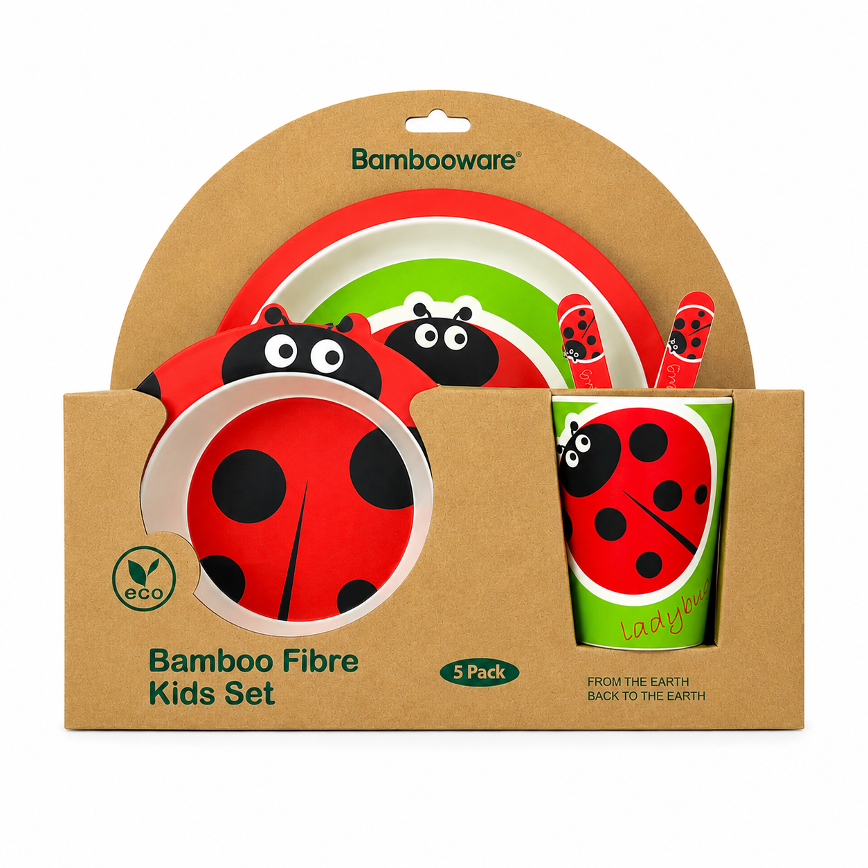 Lucky Ladybug Bamboo Kids Dinner /Feeding Set of 5- Round Edition