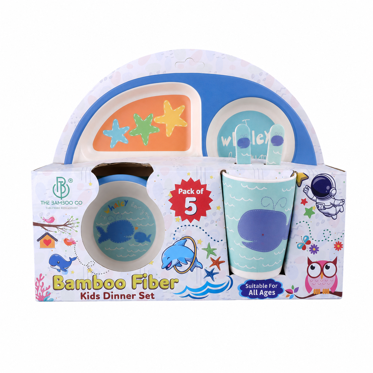 Wobbly Whale Bamboo Kids Dinner /Feeding Set of 5