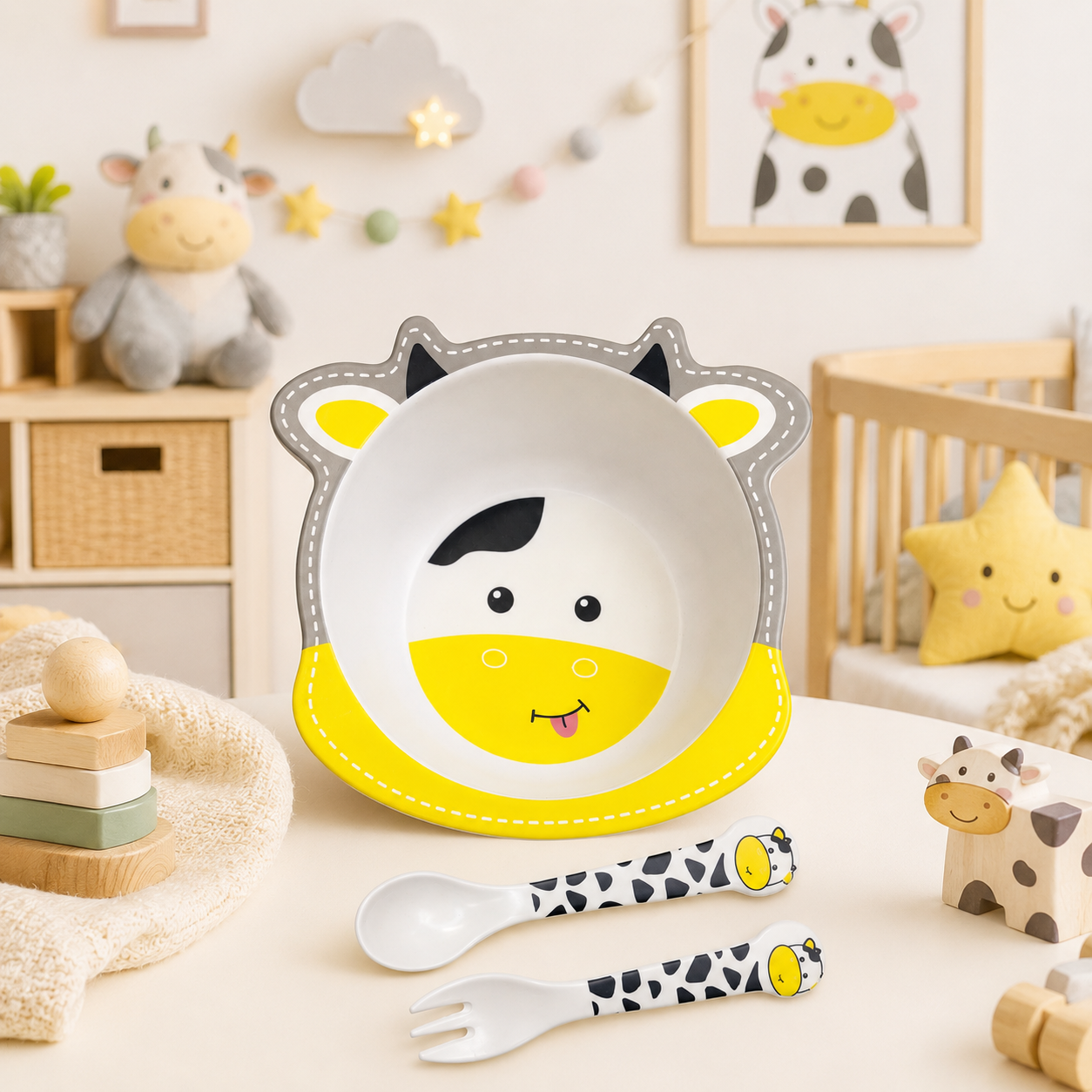 Chubby Cow Bamboo Kids Bowl with Spoon and Fork -Set of 3