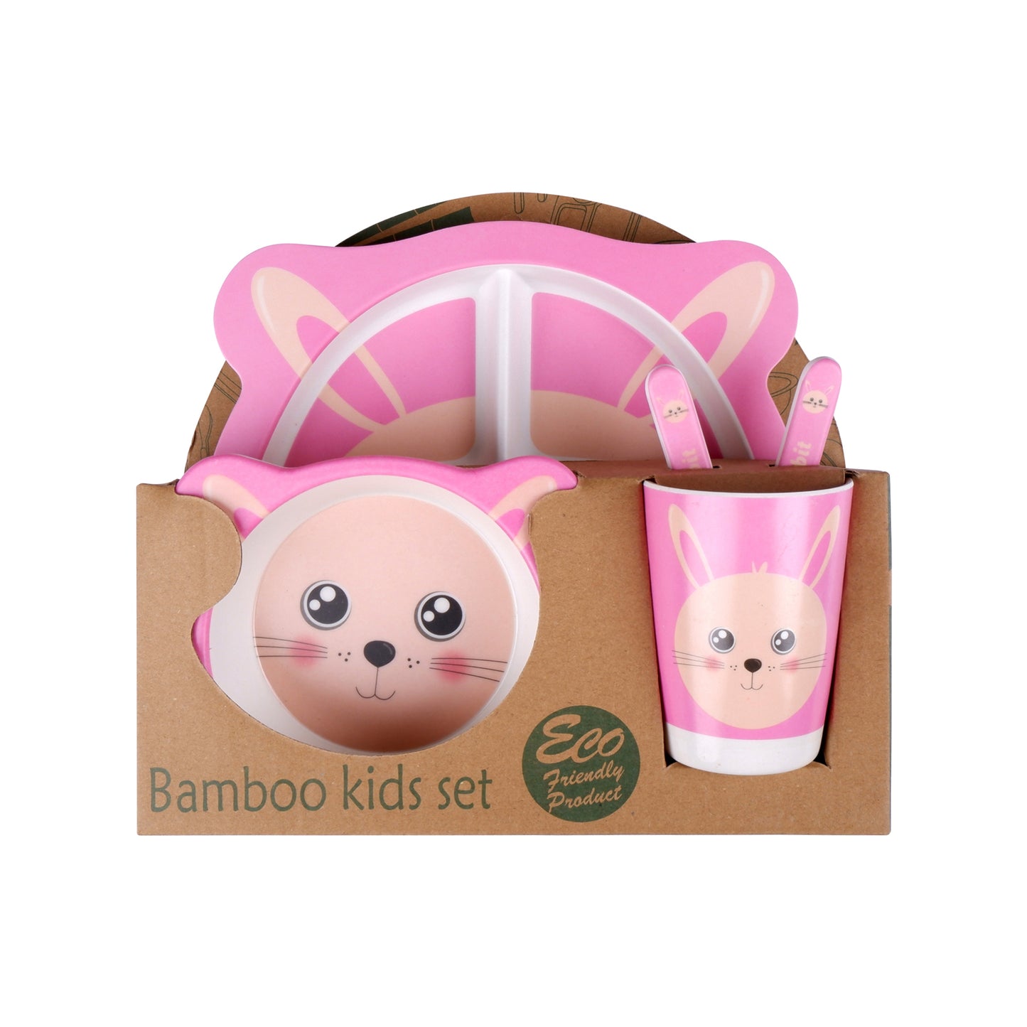 Pink Pussy Cat Bamboo Kids Dinner /Feeding Set of 5