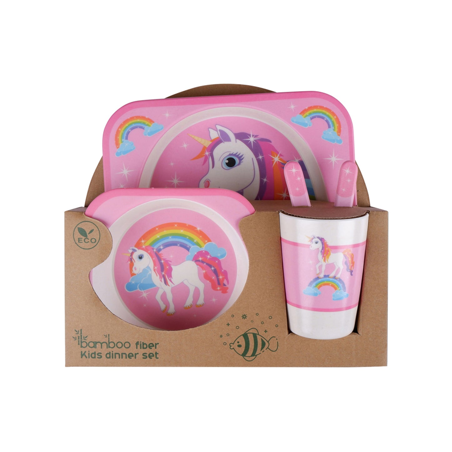 Pink Unicorn Paradise Bamboo Kids Dinner /Feeding Set of 5