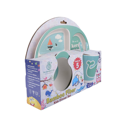 Wally- "The Green Whale" Bamboo Kids Dinner /Feeding Set of 5