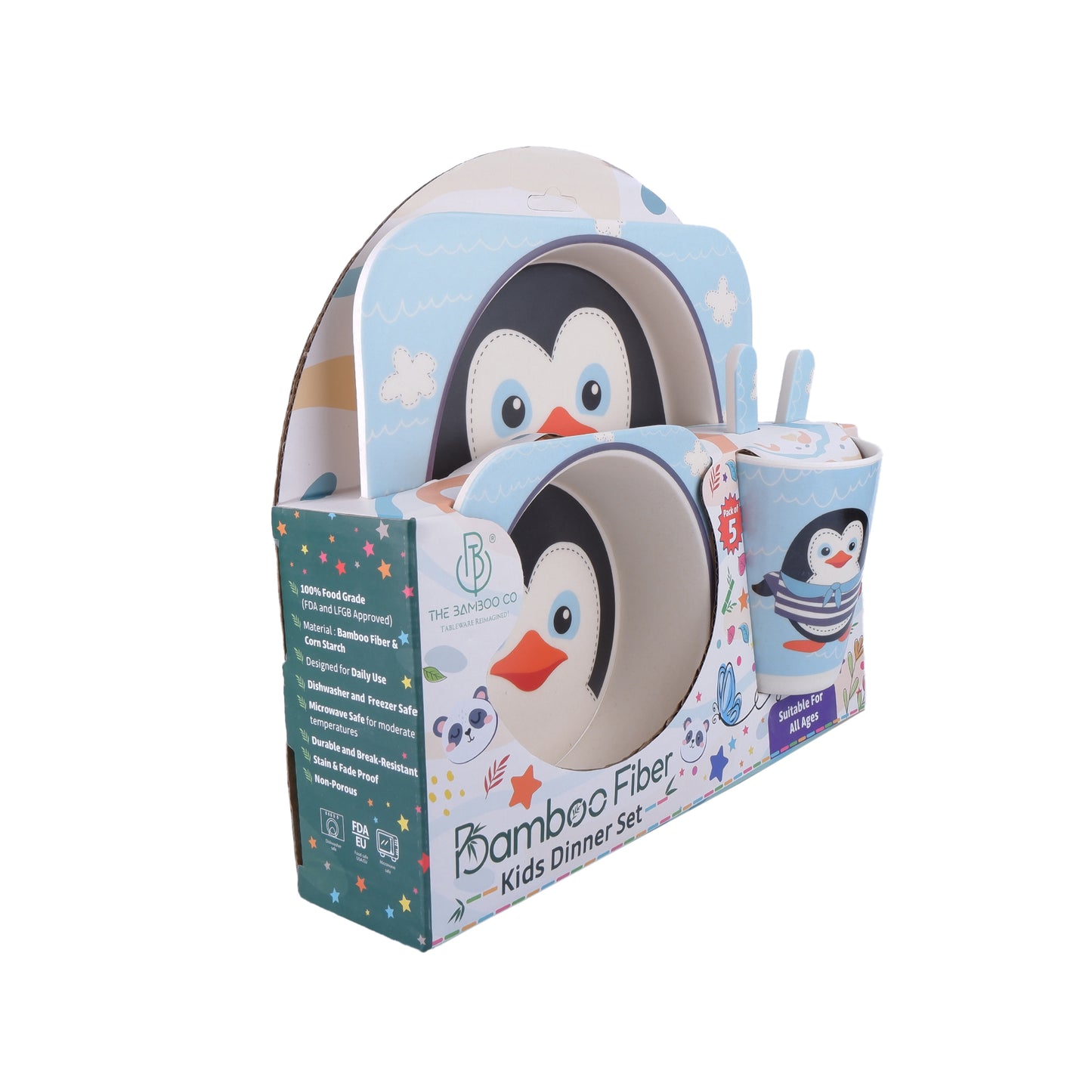 Plucky Penguin Bamboo Kids Dinner /Feeding Set of 5