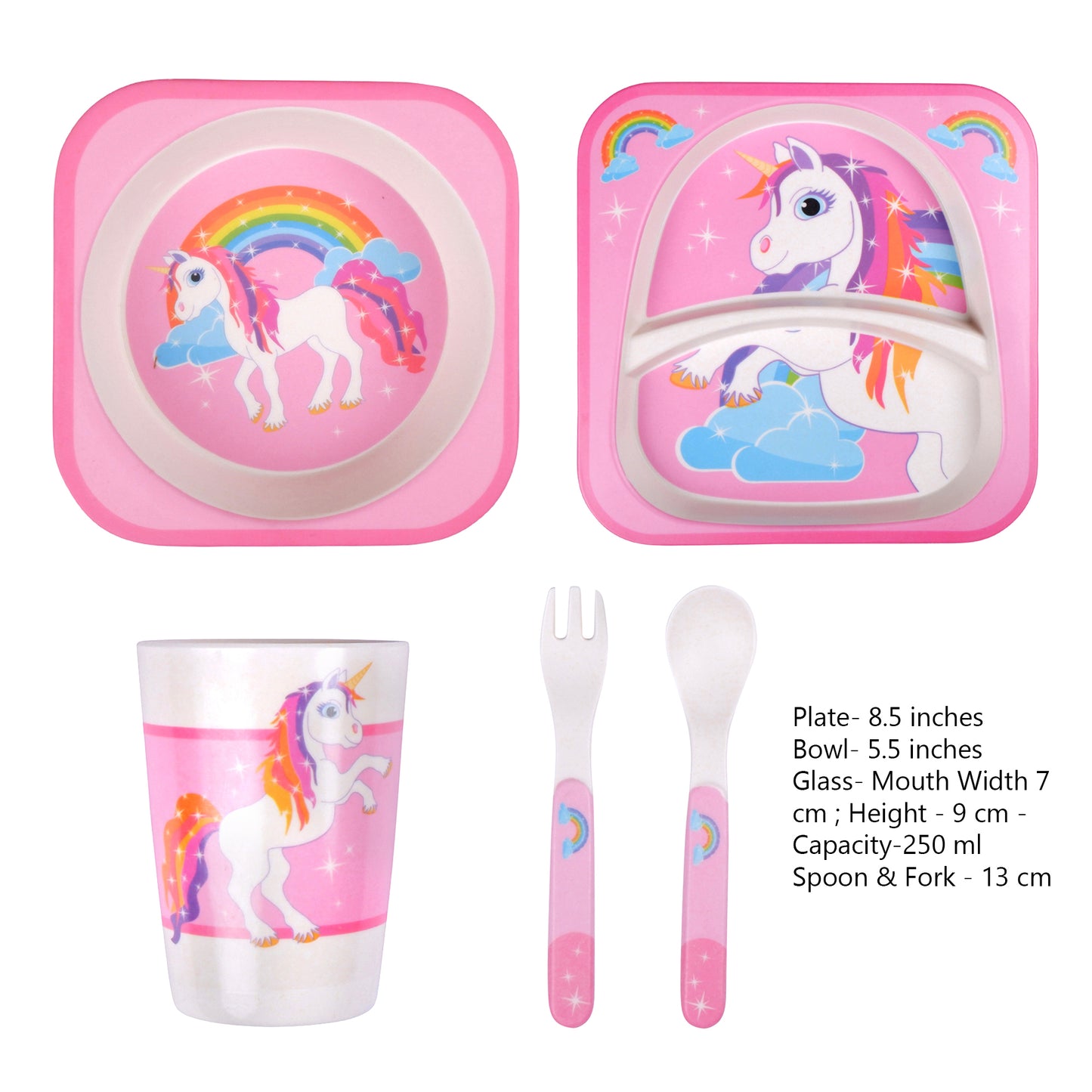 Pink Unicorn Paradise Bamboo Kids Dinner /Feeding Set of 5