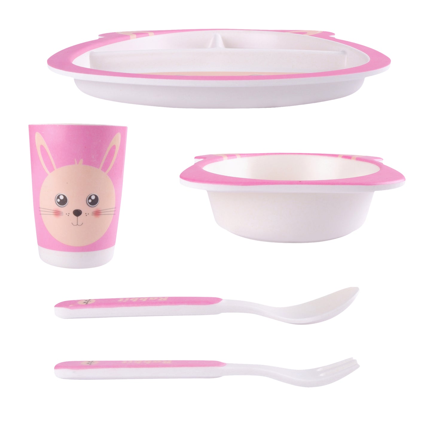 Pink Pussy Cat Bamboo Kids Dinner /Feeding Set of 5