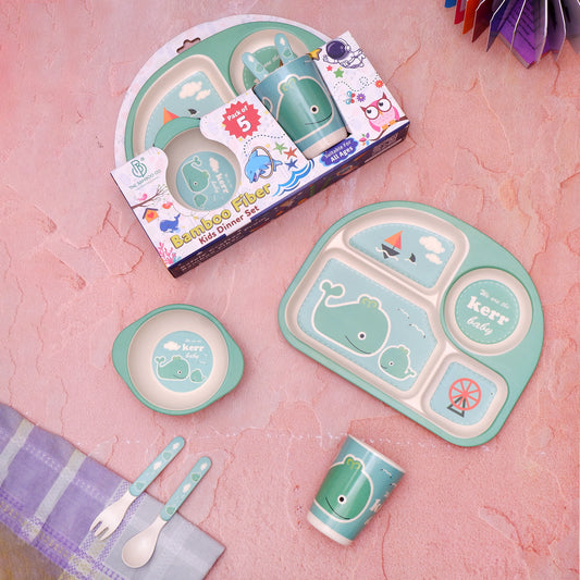 Wally the Green Whale Bamboo Kids Dinner /Feeding Set of 5