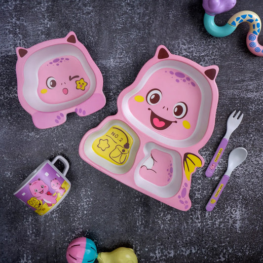 Pink Pterosaur Bamboo Kids Dinner /Feeding Set of 5