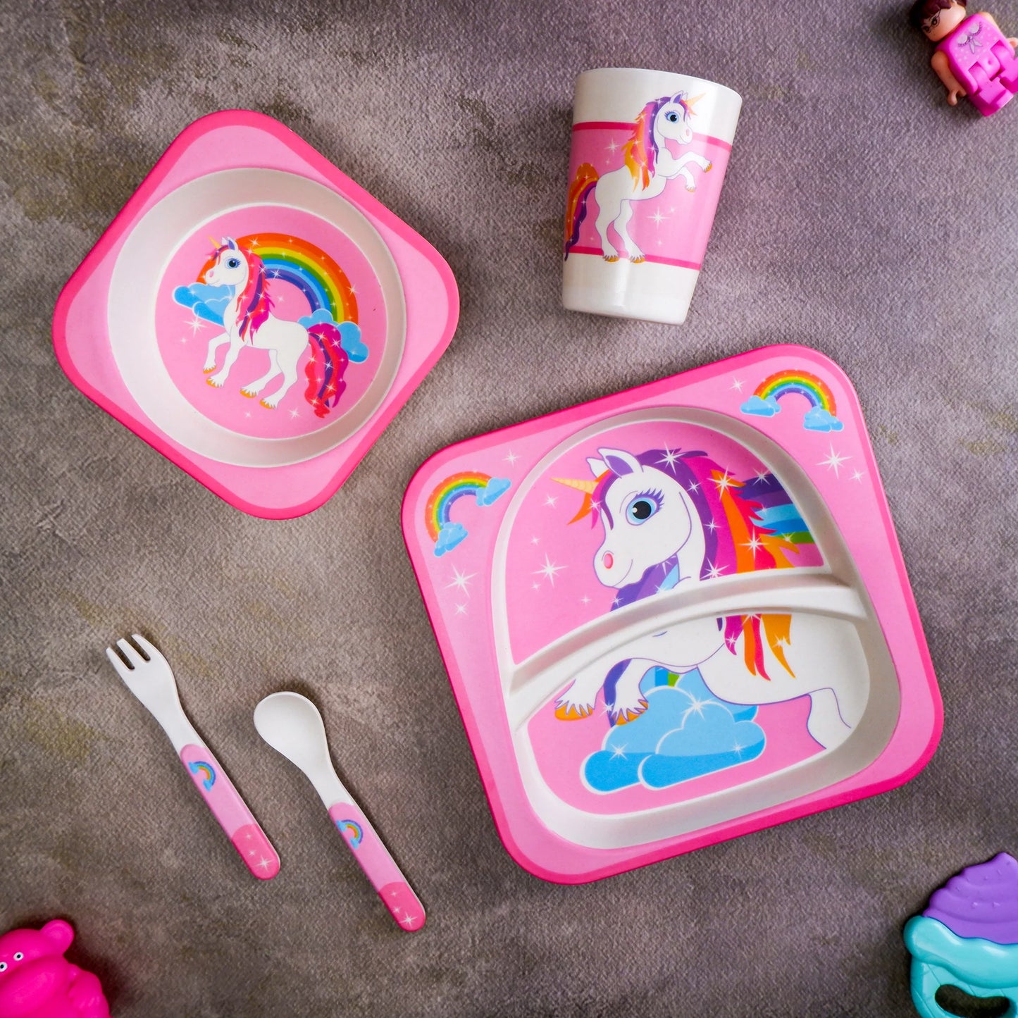 Pink Unicorn Paradise Bamboo Kids Dinner /Feeding Set of 5