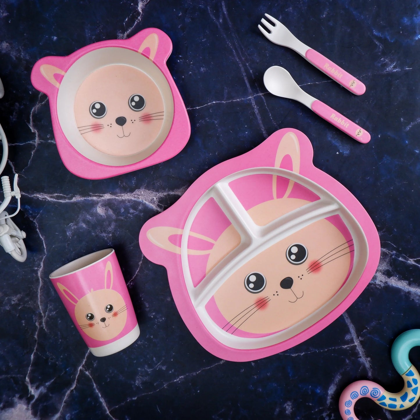 Pink Pussy Cat Bamboo Kids Dinner /Feeding Set of 5