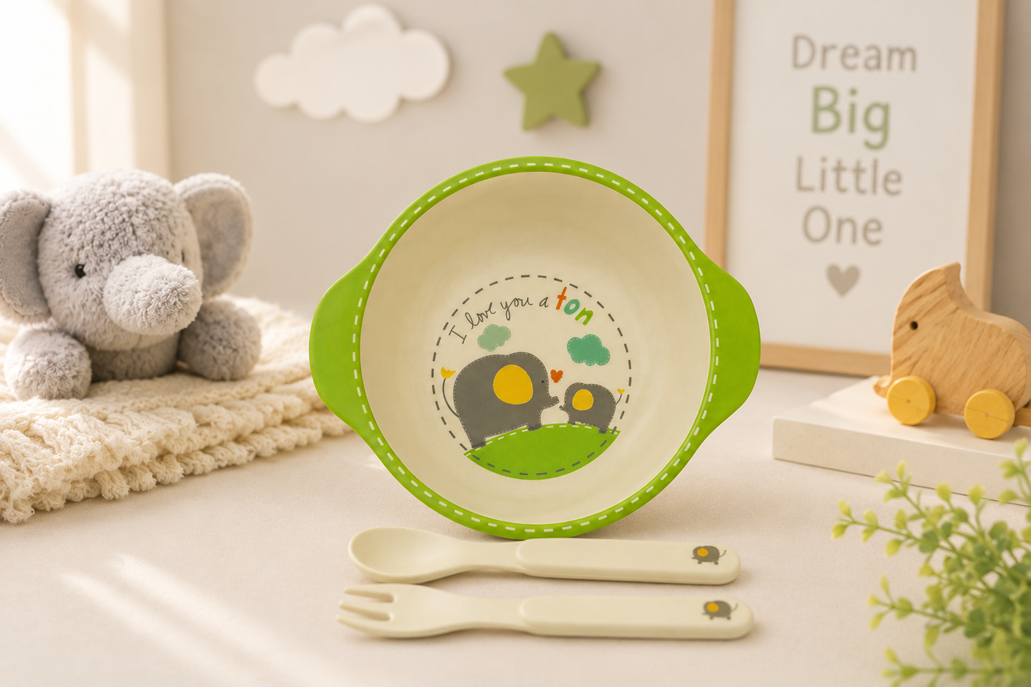 Enormous Elephant Bamboo Kids Bowl with Spoon and Fork -Set of 3