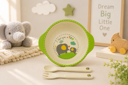Enormous Elephant Bamboo Kids Bowl with Spoon and Fork -Set of 3